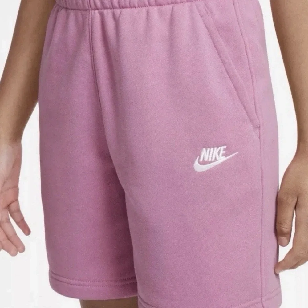 Nike Sportswear Club Shorts Pink White Logo Youth Medium Fleece French Terry NWT